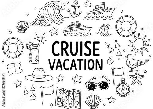 Cruise vacation doodle collection: ships, waves, and travel essentials