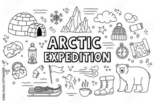 Arctic expedition adventure illustrations: igloo, polar bear, sled, map, compass, ice mountains