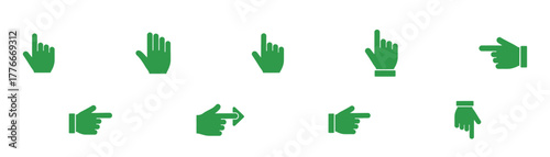 Collection of green hand cursor icons, representing various gestures and actions for user interface design and interactive applications on transparent background