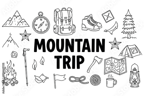 Mountain trip adventure: backpack, compass, hiking boots, camping icons