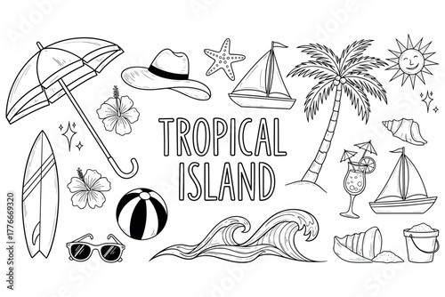 Tropical island illustration with beach umbrella, palm tree, and surfboard