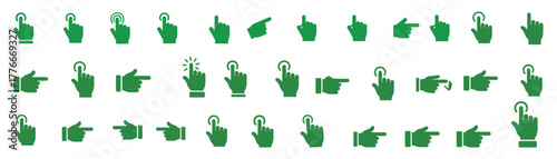 Comprehensive collection of green hand cursor icons, showcasing diverse gestures for user interface design and interactive applications on transparent background