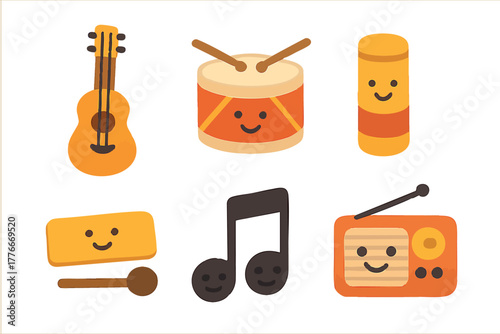 Musical instruments and notes vector with guitar drum maracas radio and music symbols in cheerful style