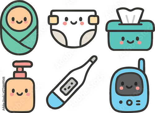 Cute baby essentials icons with thermometer diaper wipes lotion and baby monitor vector design