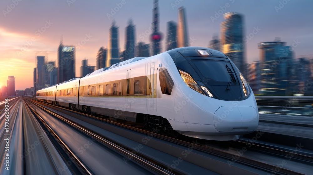 Naklejka premium Modern High-Speed Train Traveling Through Urban Landscape at Sunset with City Skyline in Background