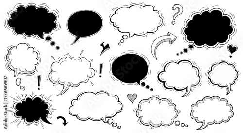 A hand-drawn collection of comic speech and thought bubbles for dialogue, a doodle vector illustration