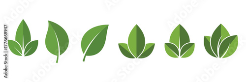 Collection of green leaf icons, representing nature and growth, on transparent background