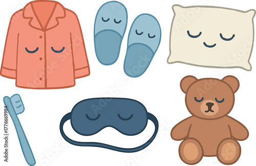 Sleep essentials vector set with pajamas slippers pillow teddy bear toothbrush and eye mask for bedtime routine illustration