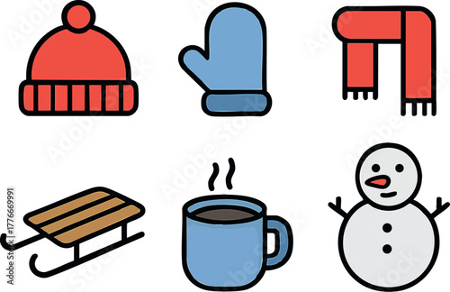 Winter accessories warm hat mitten scarf sled hot drink snowman vector illustration set