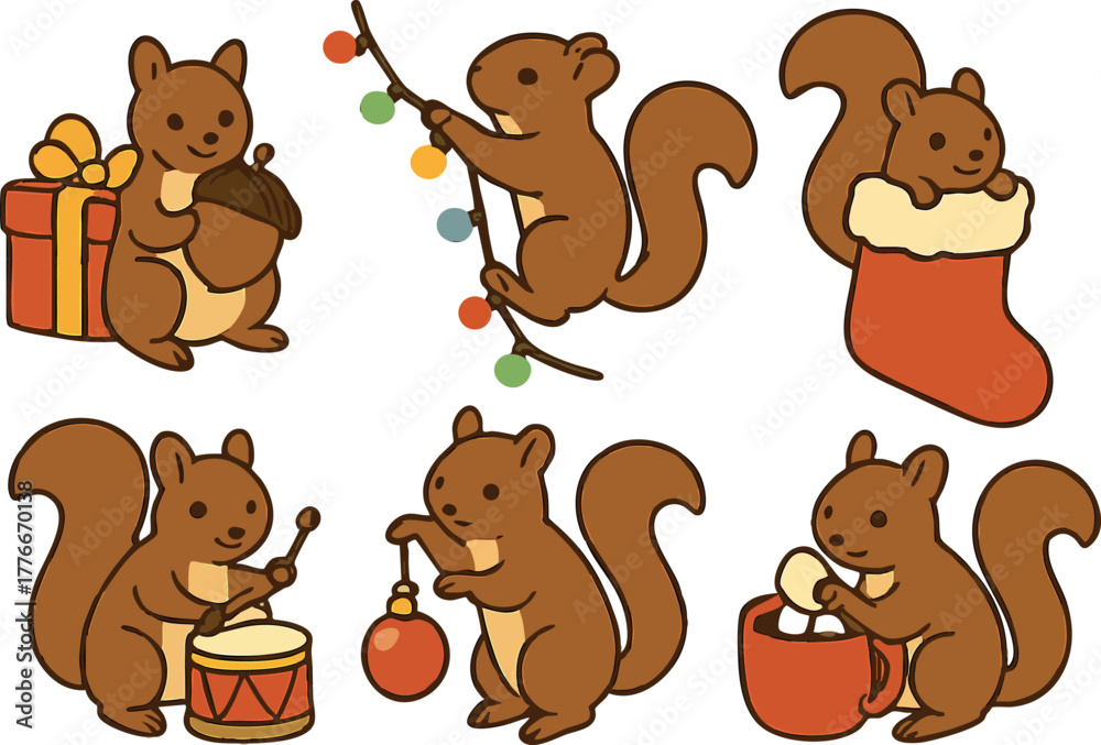 Fototapeta premium Cute squirrel cartoon set with christmas gifts ornament drum and stocking festive winter celebration vector collection