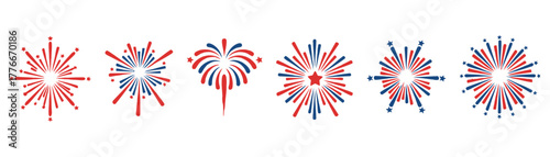 Collection of colorful patriotic fireworks in red, white, and blue, perfect for celebrating the 4th of july and independence day on transparent background