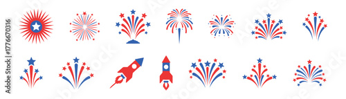 Collection of festive red, white, and blue fireworks and rockets, perfect for independence day celebrations on transparent background