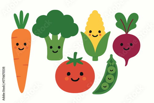 Cute happy vegetables including carrot broccoli corn beet tomato and pea pod vector illustration cheerful food design
