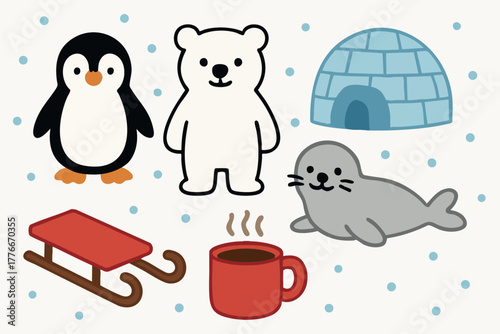 Cute penguin polar bear seal igloo sled cup warm drink winter animal vector illustration