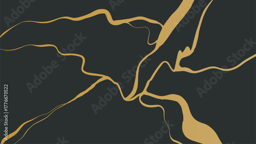 Gold luxury kintsugi crack poster. Japanese art of repairing broken pottery. Vector illustration horizontal backdrop poster background with intertwine graceful veins. gold broken seams
