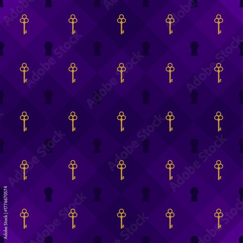 Wonderland seamless pattern. Gold keys on purple background. Texture for fabric, wallpaper, decorative print