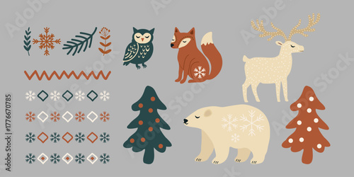Set of Scandinavian style elements in soft pastel colors. Includes bear, fox, deer, owl, fir trees, snowflakes, and ribbon patterns. Perfect for winter design and nursery decor.