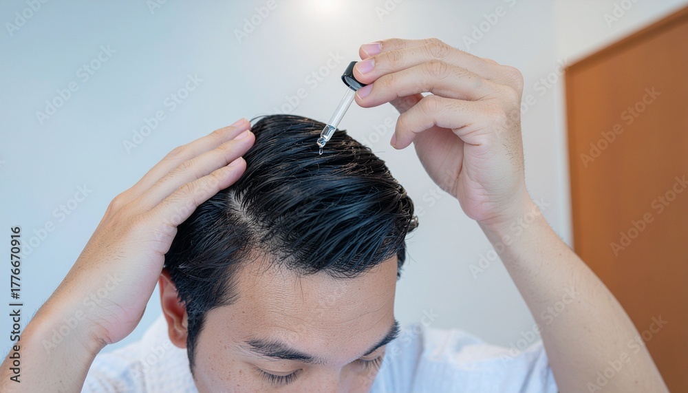 Fototapeta premium A close-up shot of a man applying serum to his hair with a dropper, focusing on hair care and grooming
