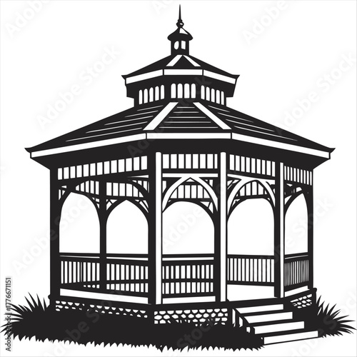A monochrome illustration of a gazebo with a hexagonal roof and open sides on a white background