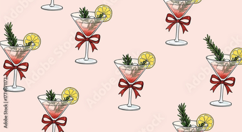 Seamless pattern of festive holiday cocktails with lemon and bows, a cute vector illustration background