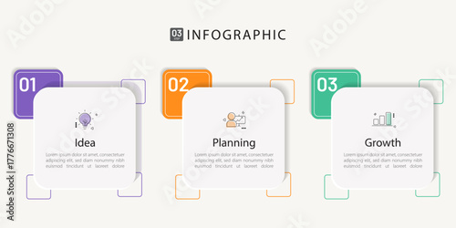 Business infographic template with 3 steps, idea planning growth, modern flat design for project strategy and corporate presentation, Infograph elements vector illustration.
