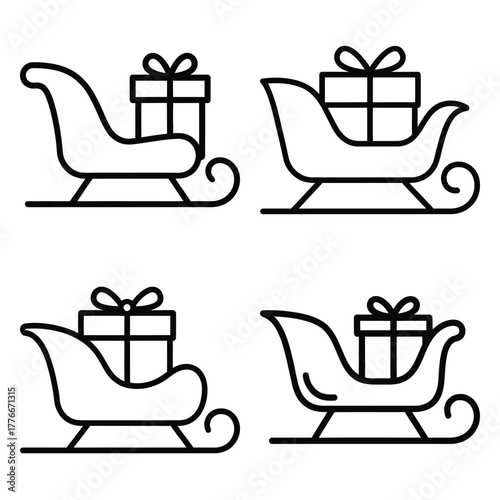 christmas sleigh gift icon set, black color and white background