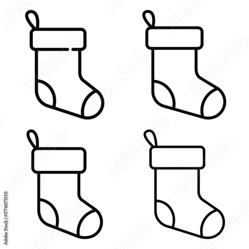 christmas stocking outline icon set, black color and white background