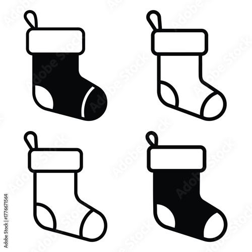 christmas stocking filled icon set, black color and white background