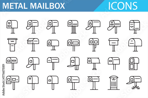Metal Mailbox Icon Set—24 outline postal mailboxes on poles with flags, open/closed variations; minimal monochrome line symbols for delivery, letters, envelopes, and communication UI/UX design pack