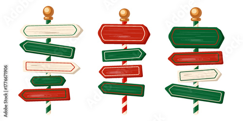 Set of Winter holiday xmas signs for north pole Christmas directions arrows boards with copy space for direction Winter holiday Xmas symbol Christmas wooden street signboad