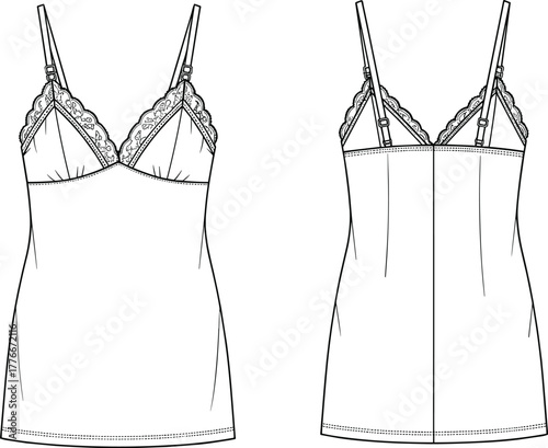 Lace-trimmed camisole slip technical flat sketch vector template, adjustable straps, lingerie fashion drawing, front and back view.