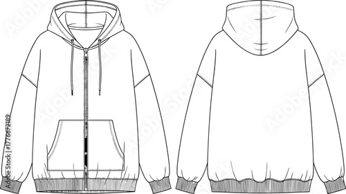 Oversized zip-up hoodie technical fashion drawing, dropped shoulder design, flat sketch vector template, front and back view, casual garment apparel.