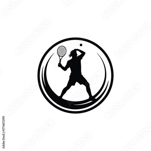 Silhouette of a tennis player serving a ball in a circle
