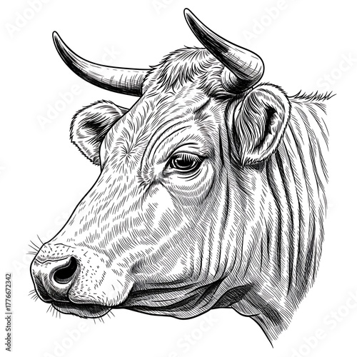 Detailed black and white engraving of a cow's head and neck, illustrated using classic cross-hatching for a vintage look