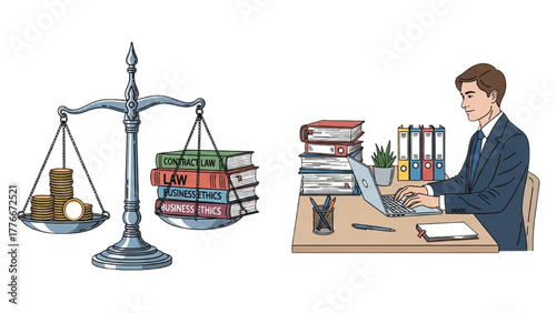 Colorful Art of Justice Scales Balanced with Coins and Legal Books Symbolizing Fairness in Business Finance, and Lawyer at Desk Typing on Laptop with Files, Modern Corporate Legal Workspace 