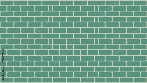 A full frame image showing a green brick wall with a running bond pattern and light grout lines