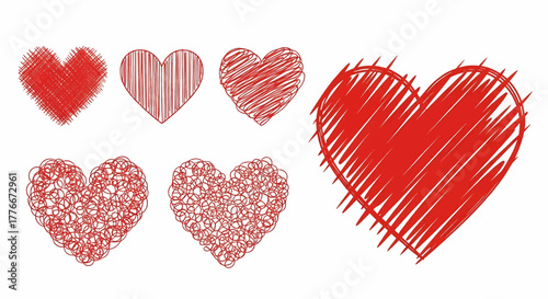 Set of red hand-drawn scribble hearts, a collection of love symbols for romantic design vector illustration