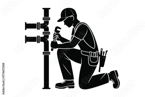 Silhouette of a plumber working on pipes with tools
