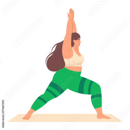 Confident plus size woman practicing a yoga warrior pose Virabhadrasana on a mat, promoting body positive, self acceptance, healthy, mindful lifestyle. Modern flat vector illustration of a character