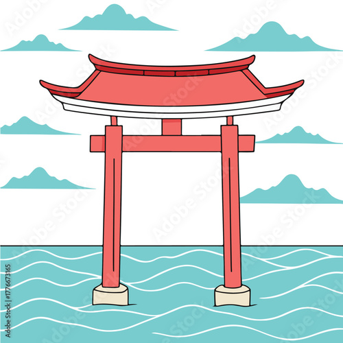 Japanese Torii Gate Vector Illustration: Vector design featuring a typical red Japanese Torii gate against a backdrop of sky and soft clouds.