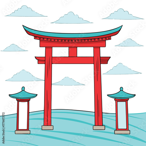 Japanese Torii Gate Vector Illustration: Vector design featuring a typical red Japanese Torii gate against a backdrop of sky and soft clouds.