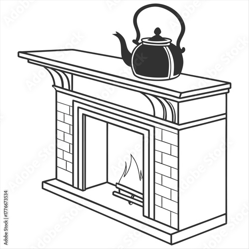 A black silhouette of a teapot sitting on a fireplace mantel in a minimalist design illustration