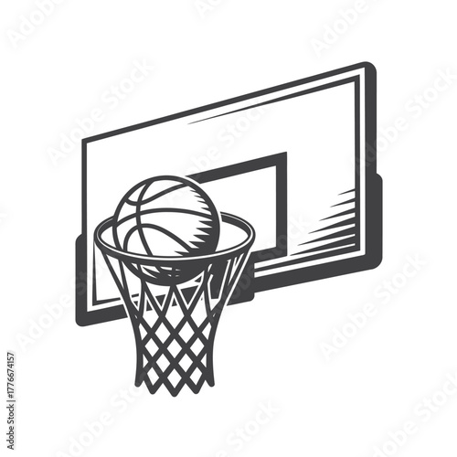 Basketball hoop with ball in net vintage style illustration