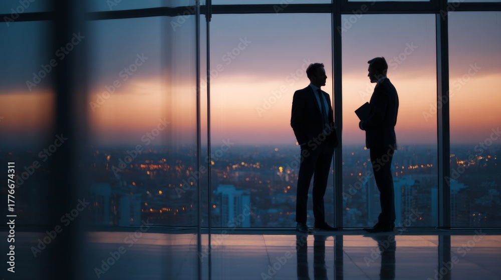 Fototapeta premium Businessmen Silhouettes Meeting in Modern Office with Sunset Cityscape View, Professional Discussion and Networking Concept at Dusk