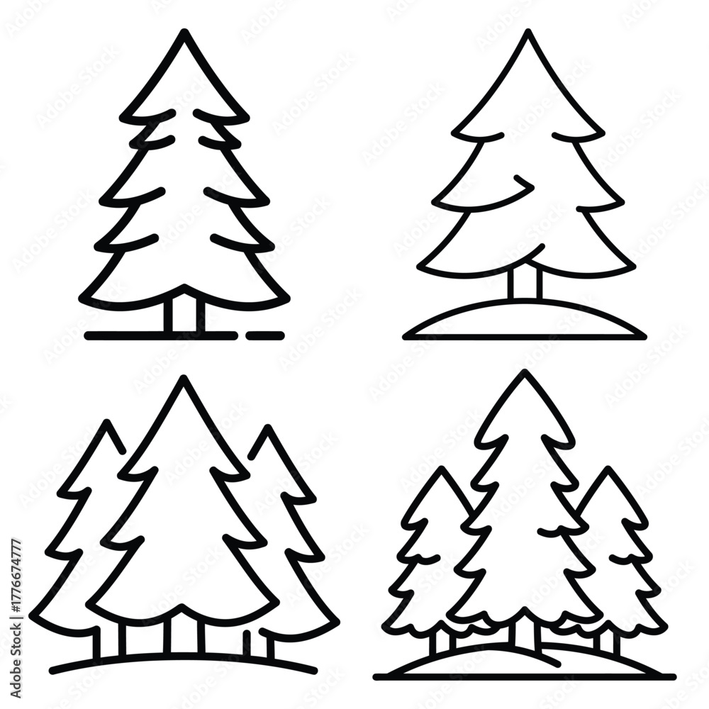 Fototapeta premium pine forest snow icon set, black color and white background