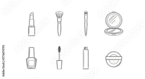 A collection of elegant line art illustrations of essential makeup products for beauty routines.
