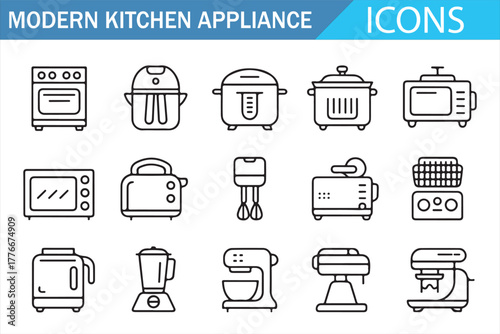 Modern kitchen appliance icons set – minimalist line art symbols of home cooking devices including oven, air fryer, toaster, blender, mixer, coffee maker, and electric pot in contemporary vector style