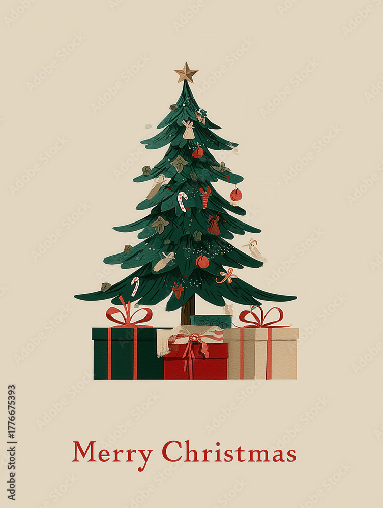 Naklejka premium Charming hand-drawn Christmas tree illustration with decorated branches, gifts, and Merry Christmas text on a beige background. Ideal for greeting cards, posters, social media graphics, stationery.