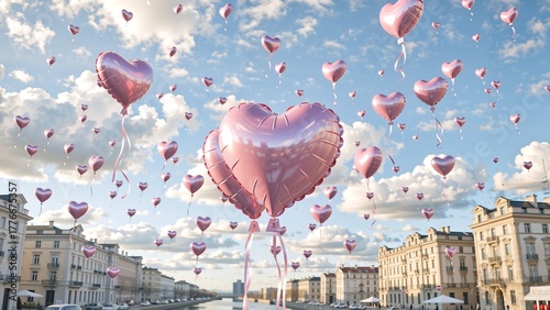 Romantic pastel heart balloons float above a city skyline, love and celebration concept