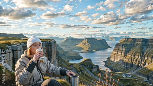 Woman enjoying coffee break with scenic mountain landscape, peaceful outdoor lifestyle and travel concept